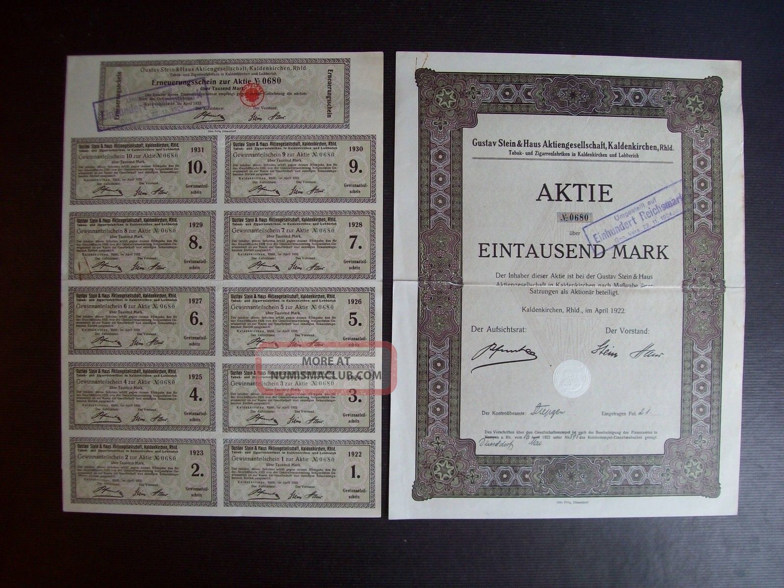 Germany 1922 Bond Certificate Gustav Stein Zigarettenfabrik Kaldenkirchen.  A9794 World photo
