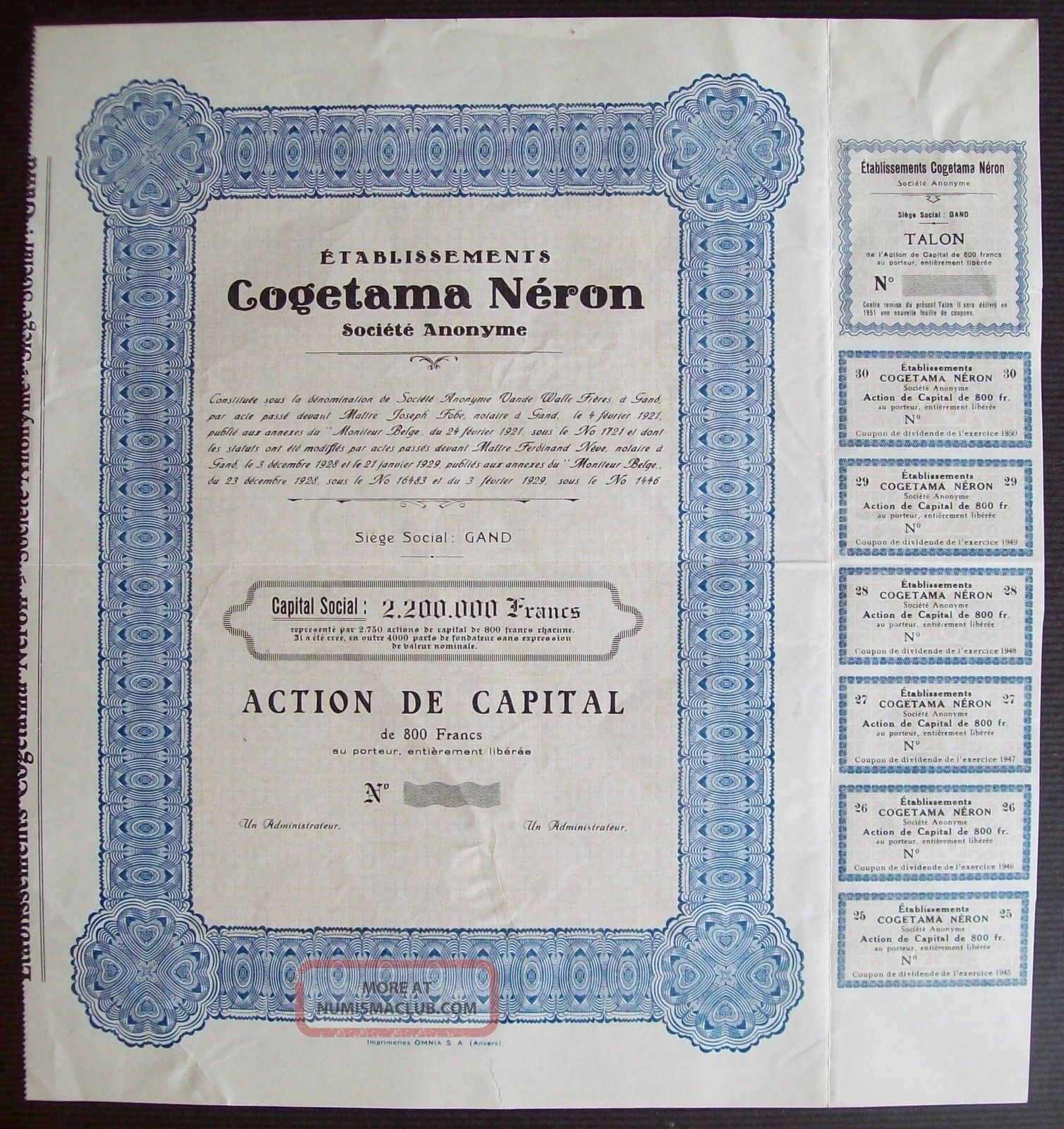 Belgium 1921 Bond - Cogetama Neron Tabacs Gand - With Coupons. .  A9775 World photo