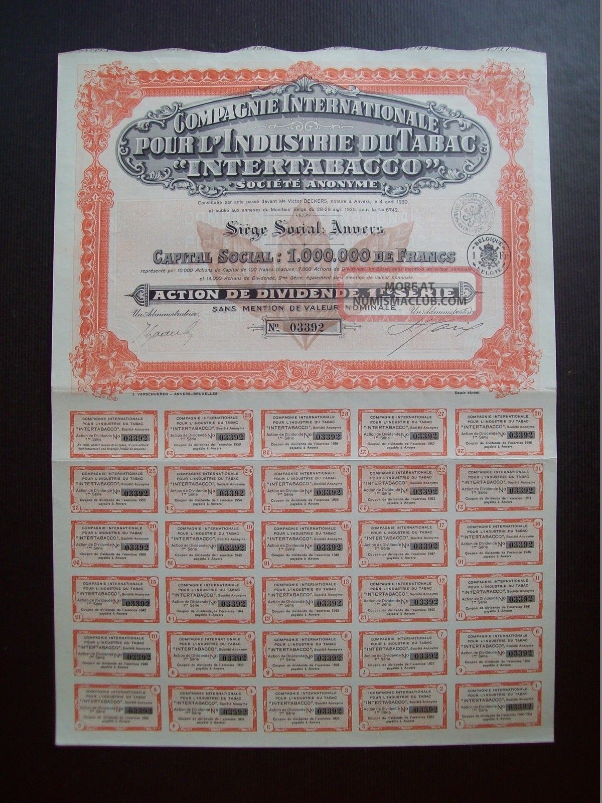 Belgium 1930 Bond - Intertabacco Tabac Compagnie Anvers - With Coupons.  A9770 World photo