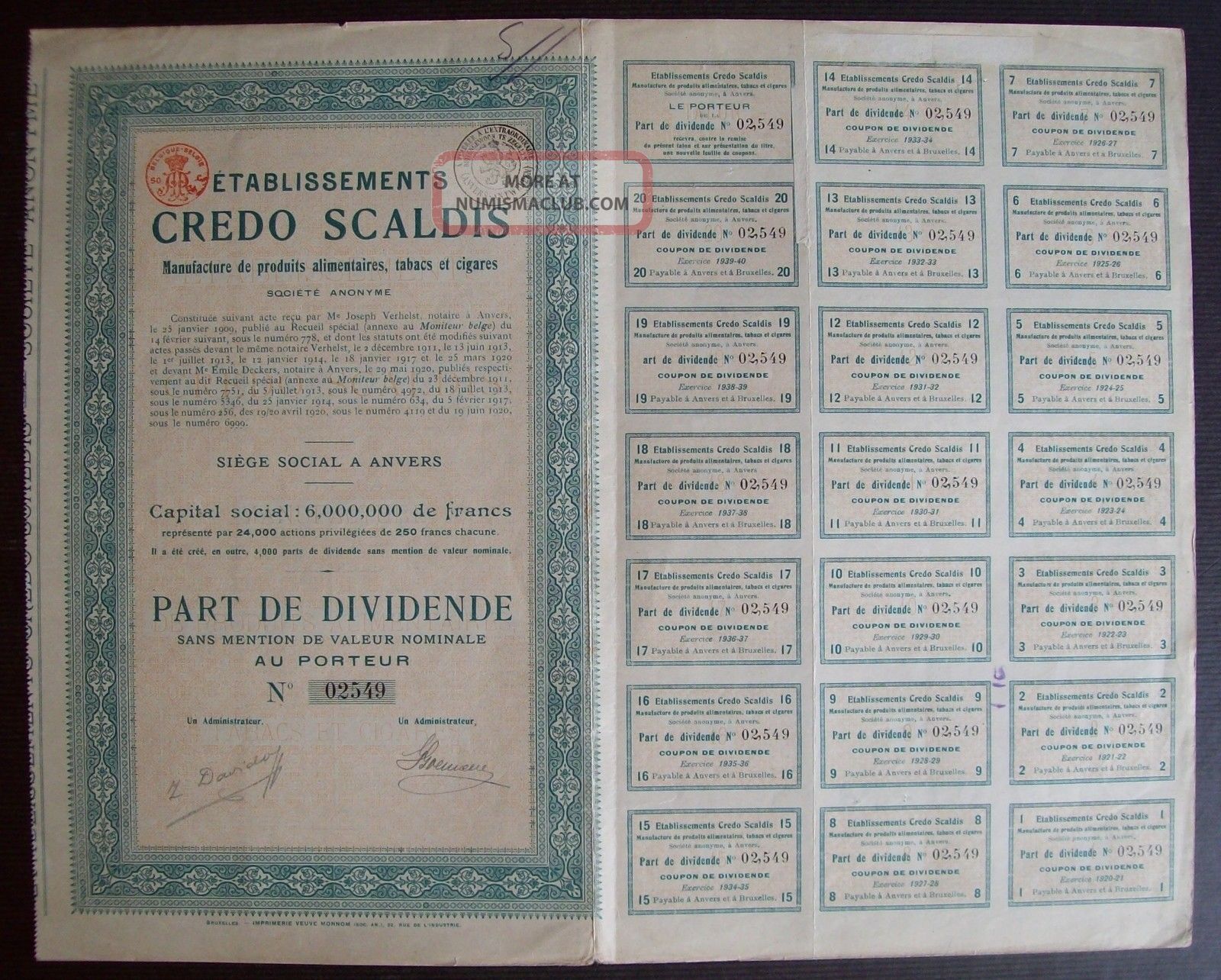 Belgium 1920 Bond - Credo Scaldis Tabacs Cigares Anvers - With Coupons.  A9766 World photo