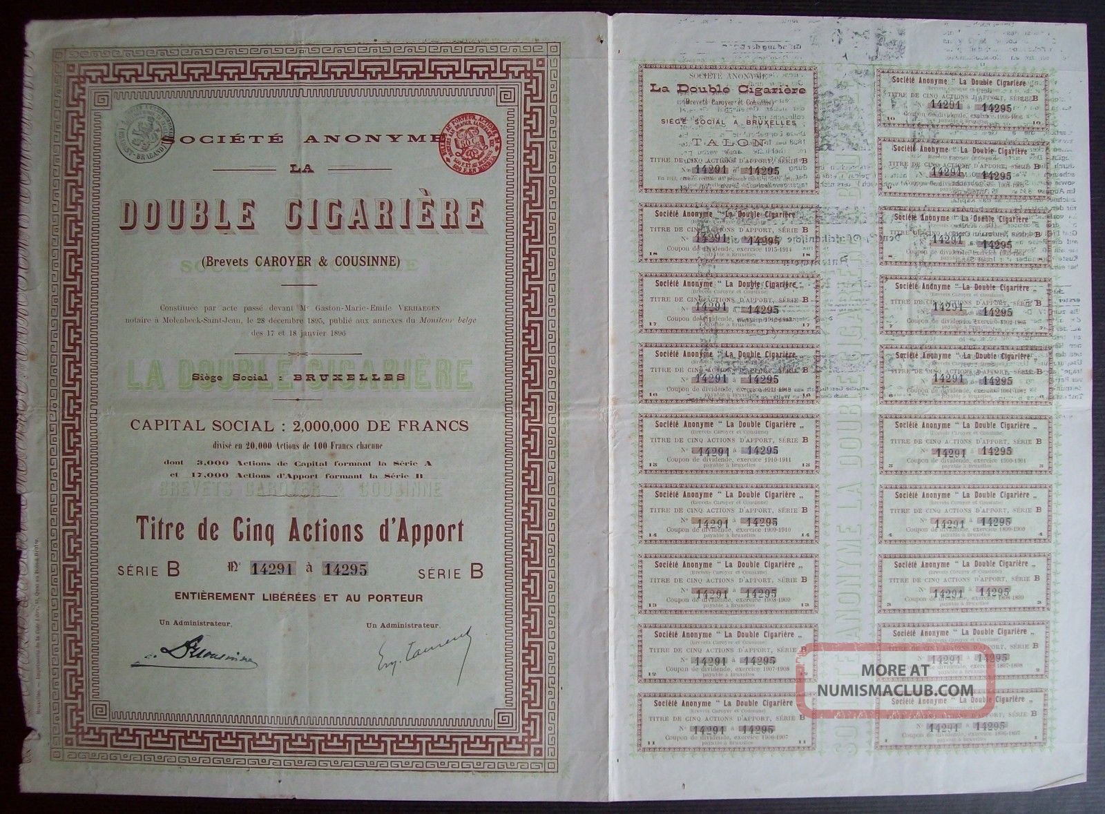 Belgium 1896 Bond - La Double Cigariere Bruxelles - With Coupons. .  A9764 World photo