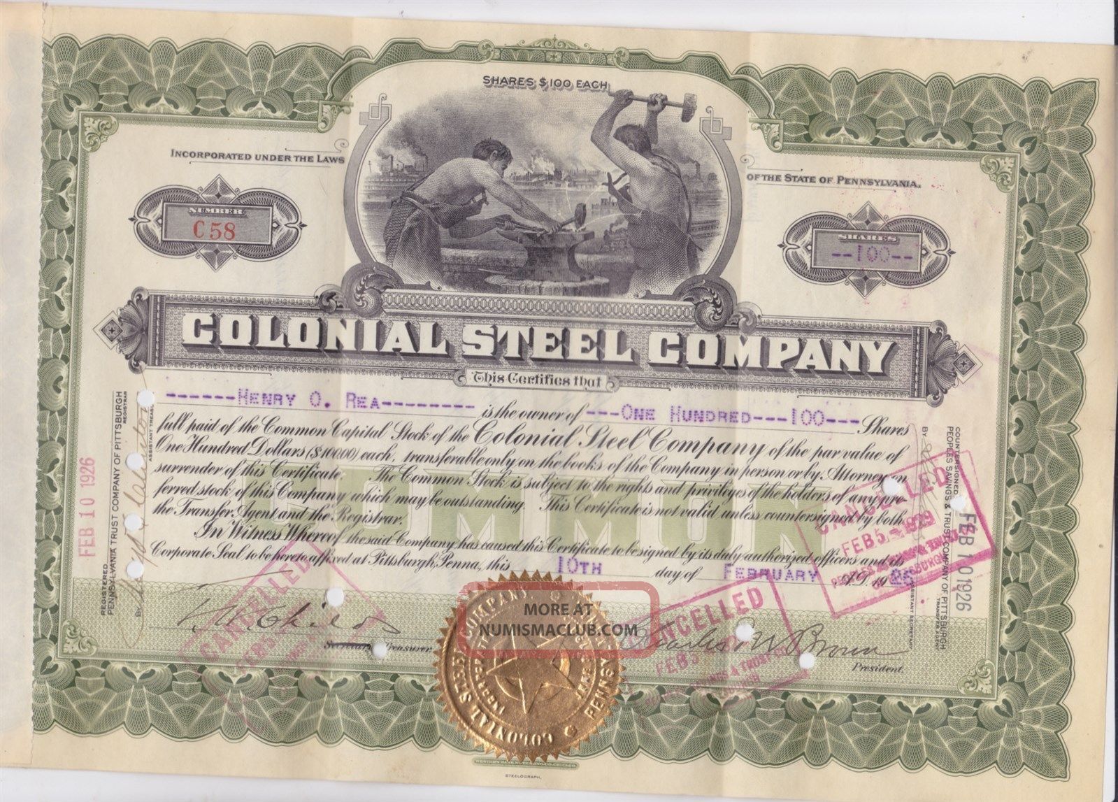 Monaca Pa 1926 Colonial Steel Co.  Stock Certificate Stocks & Bonds, Scripophily photo