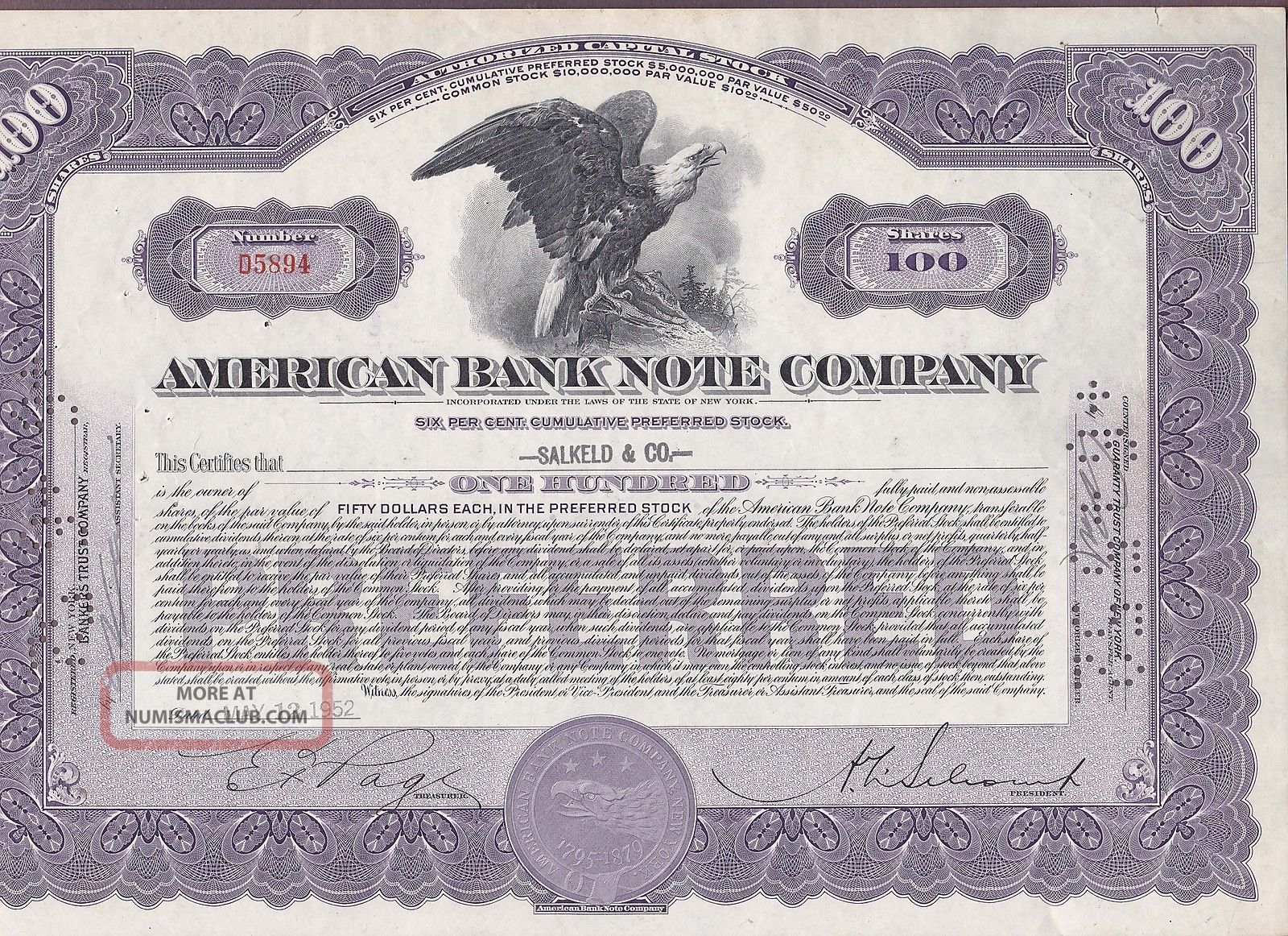 1952 American Bank Note Company Stock Certificate Stocks & Bonds, Scripophily photo