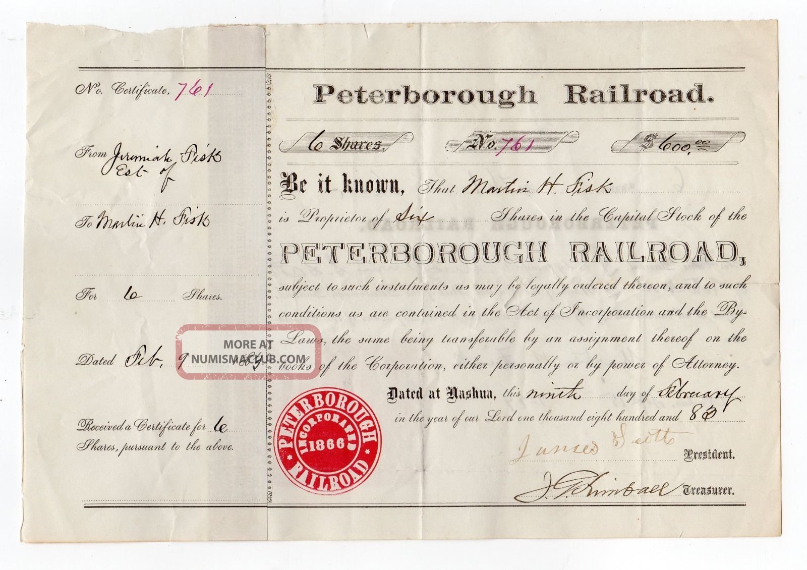 1883 Peterborough Railroad Stock Certificate - Hampshire Transportation photo