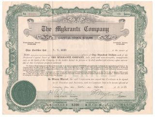 Vintage Mykrantz Company Stock Certificate 5 Shares 1921 Ohio ? Drug Store ? photo