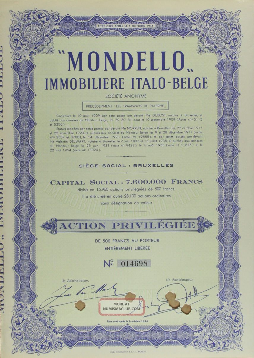 S702 Mondello Immobiliere Italo - Belge 1954 Bond Certificate Purple Stocks & Bonds, Scripophily photo