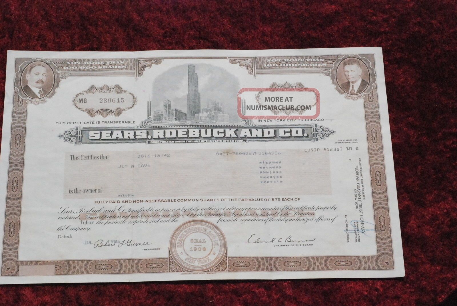 Sears,  Roebuck Common Share Stock Certificate 1986.  Chicago Skyline Stocks & Bonds, Scripophily photo