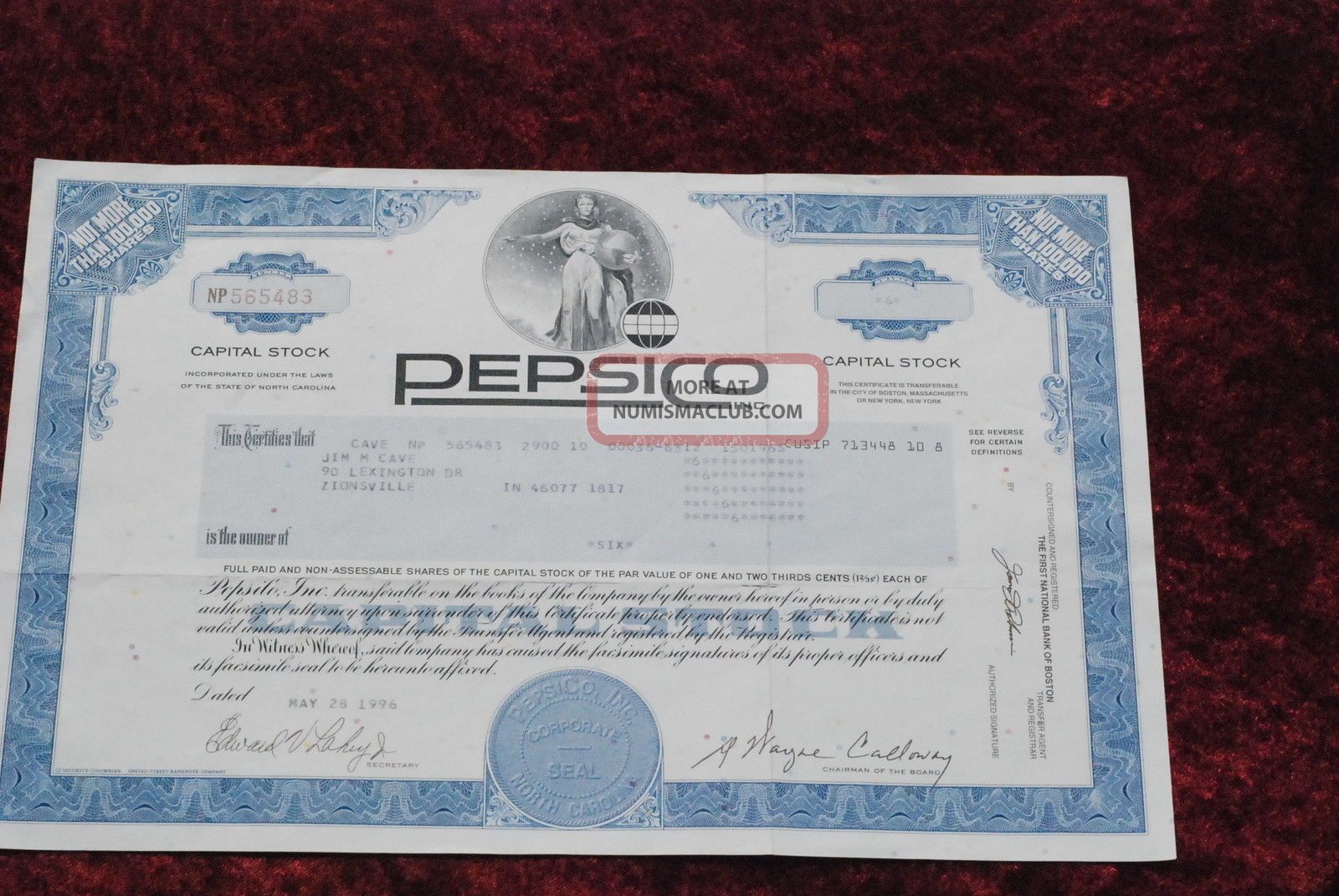 Pepsico Common Share Stock Certificate 1992. Stocks & Bonds, Scripophily photo