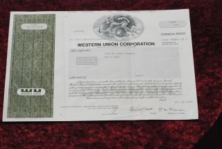 Western Union Corporation Common Share Stock Certificate 1986. photo