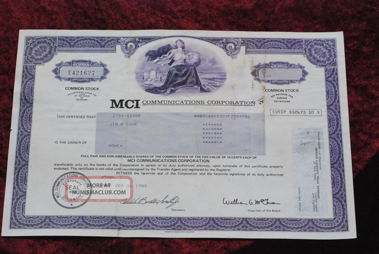 Mci Communications Co.  Common Share Stock Certificate 1985. Stocks & Bonds, Scripophily photo