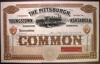 Pittsburgh,  Youngstown & Ashtabula Railroad Co Stock Certificate A1489 - 1890 ' S photo