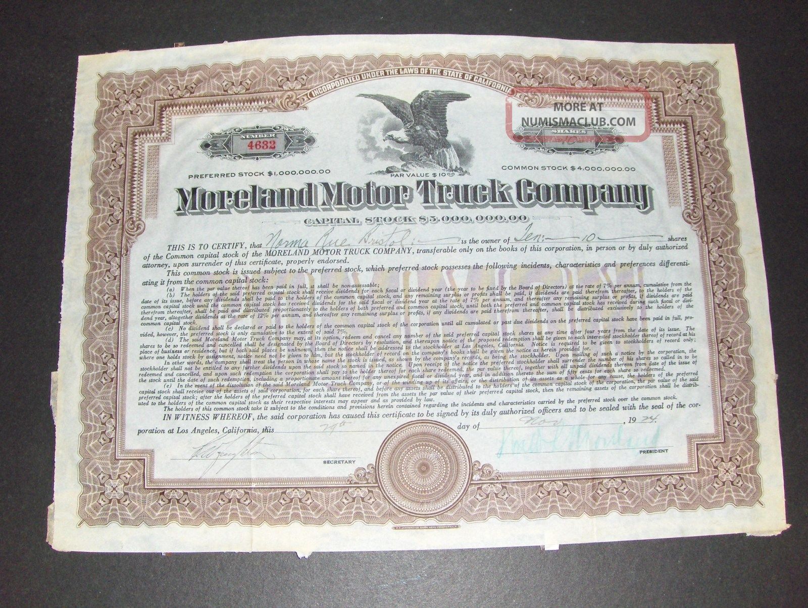 Moreland Motor Truck Co Stock Certificate 10 Shares 1924 Los Angeles Ca 4632 Transportation photo