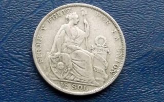 Silver 1928 Peru 1/2 Half Sol Seated Liberty 30mm Circ Km 216 Coin Bb photo
