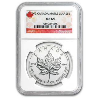 1993 1 Oz Silver Canadian Maple Leaf Coin - Ms - 68 Ngc - Sku 79430 photo