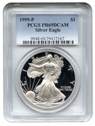 1999 - P Silver Eagle $1 Pcgs Pr69 Dcam American Silver Dollar Ase - photo
