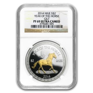 2014 Niue 1 Oz Gilded Silver $2 Lunar Year Of The Horse Coin - Pf - 69 Ucam Ngc photo