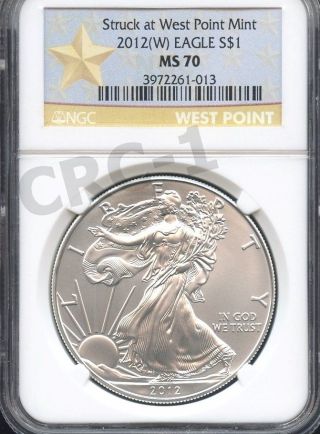 2012 (w) Silver Eagle Struck At West Point Ngc Ms70 (w.  P.  Label) photo