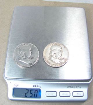 Two (2) 1953 - S Franklin Half Dollars 90 Silver $1 Dollar F.  V.  Collect Or Junk photo