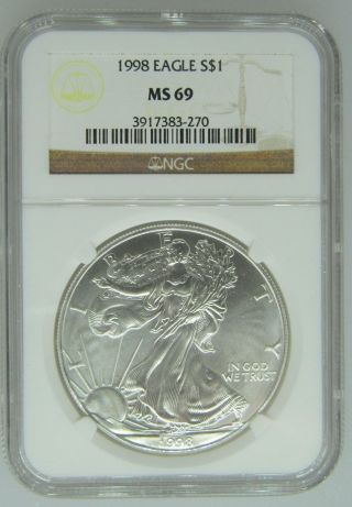 1998 Ngc Ms69 1oz American Silver Eagle $1 Coin - 270 - D2 photo