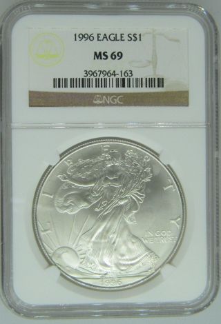 1996 Ngc Ms69 1oz American Silver Eagle $1 Coin - 163 - D2 photo