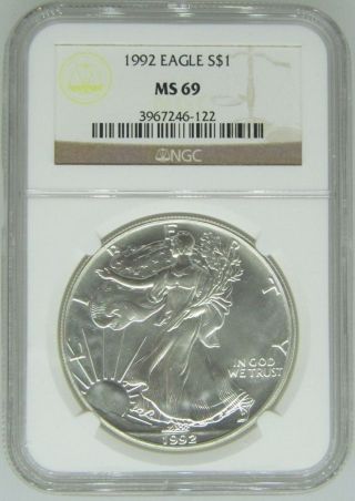 1992 Ngc Ms69 1oz American Silver Eagle $1 Coin - 122 - D2 photo