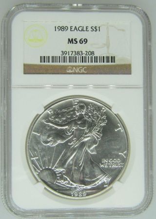 1989 Ngc Ms69 1oz American Silver Eagle $1 Coin - 208 - D2 photo