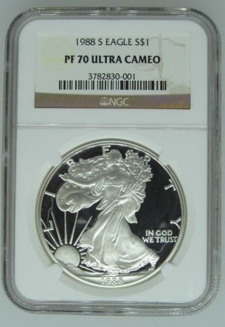 1988 S $1 Ngc Pf70 Ucameo (proof Silver Eagle) - Pf70 Rare.  999 Silver Bullion photo