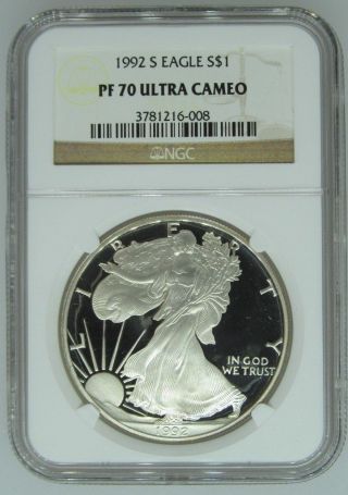 1992 S $1 Ngc Pf70 Ucameo (proof Silver Eagle) - Pf70 Rare.  999 Silver Bullion photo