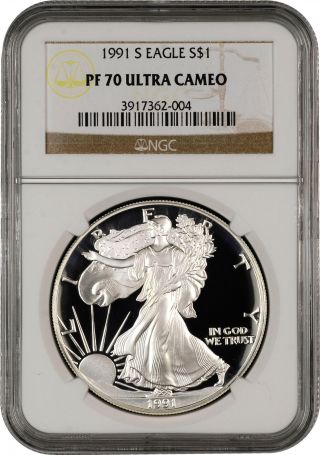 1991 - S $1 Ngc Pf70 Ucameo (proof Silver Eagle) - Pr70 Rare.  999 1oz Bullion Q photo