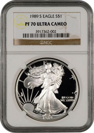 1989 - S $1 Ngc Pf70 Ucameo American (proof Silver Eagle) - Pf70 Rare.  999 1oz photo