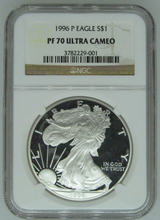 1996 P $1 Ngc Pf70 Ucameo American (proof Silver Eagle) - Pf70 Rare.  999 1oz 1 photo