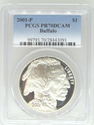 2001 P Pcgs Pr70 Dcam Buffalo Proof - Modern Commemorative Silver Dollar Rare $1 photo