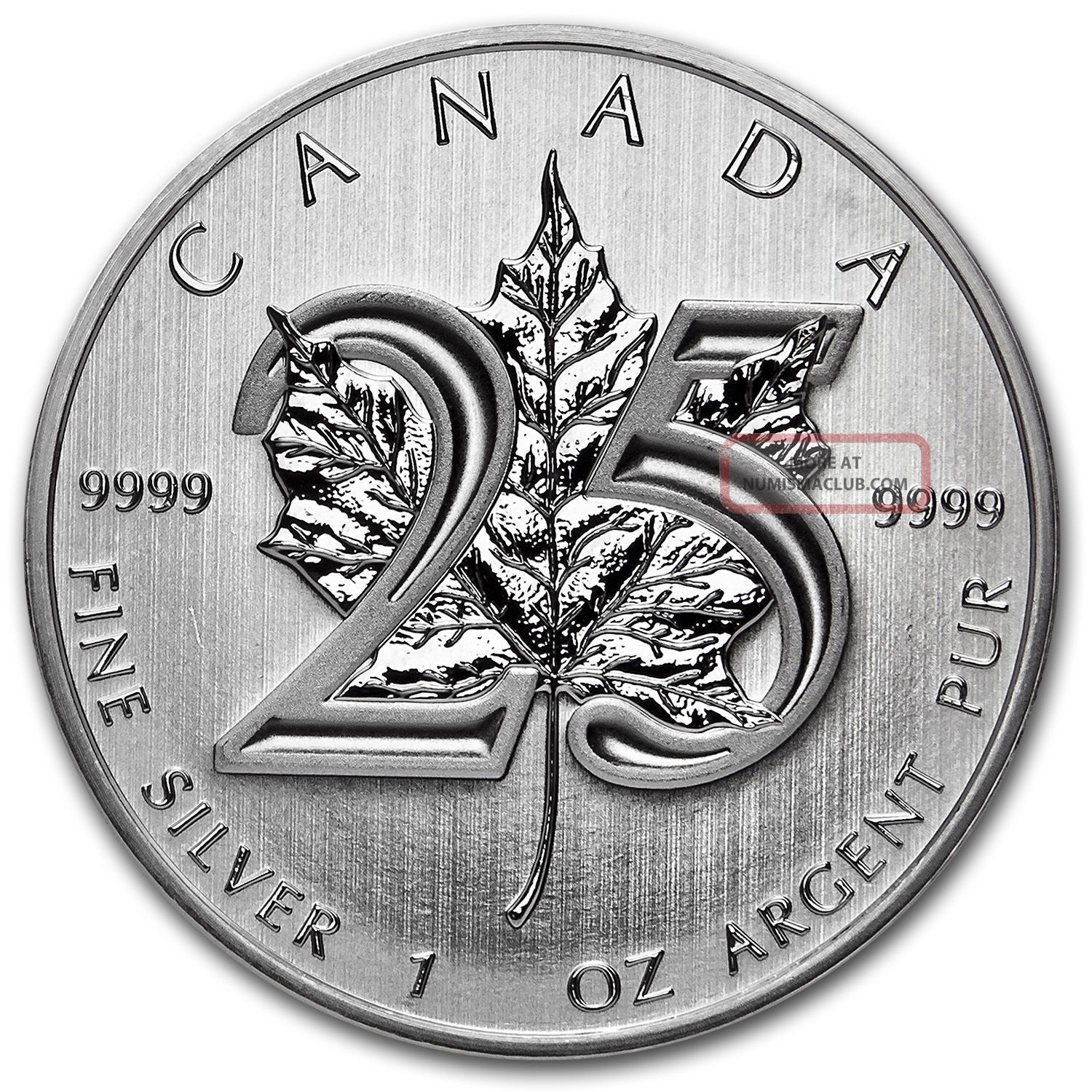 1 Oz Silver 2013 Canadian Maple Leaf - - - - 25th Anniversary. 9999 Fs