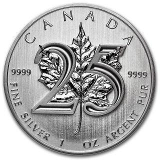1 Oz Silver 2013 Canadian Maple Leaf - - - - 25th Anniversary.  9999 Fs - - - - - photo