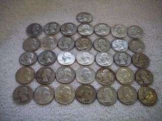 36 Circulated Washington 90 Silver Quarter Dollars Various Dates (1934 - 1964) photo