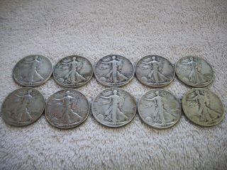 10 Circulated Liberty Walking 90 Silver Half Dollars Various Dates (1939 - 1945) photo