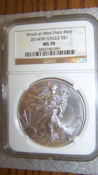 2014 (w) 1 Oz Silver Eagle Struck At West Point Ngc Ms70 Brown Label photo