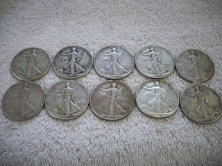 10 Circulated Liberty Walking 90 Silver Half Dollars Various Dates (1942 - 1947) photo