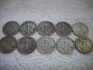 10 Circulated Liberty Walking 90 Silver Half Dollars Various Dates (1929 - 1945) photo