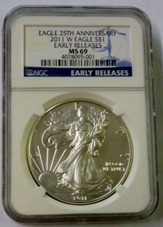 2011 - W Ngc $1 Ms 69 Us Silver Eagle 25th Anniversary 1 Oz.  999 Fine Silver photo