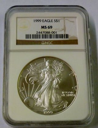 1999 Ngc $1 Ms 69 United States Silver Eagle 1 Oz.  999 Fine Silver photo