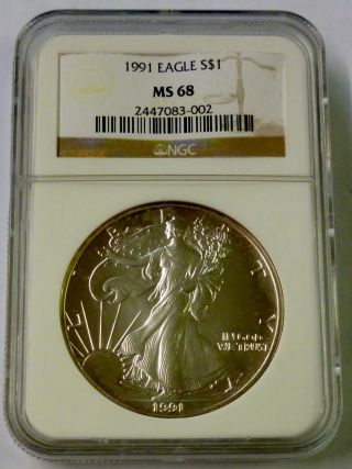 1991 Ngc $1 Ms 68 United States Silver Eagle 1 Oz.  999 Fine Silver photo