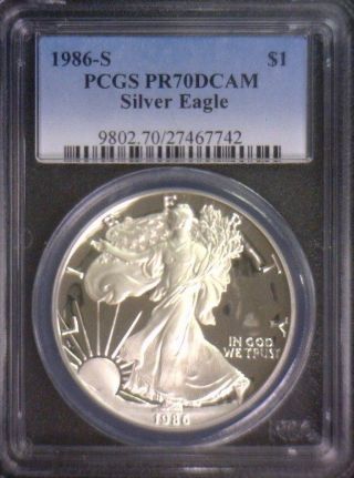 1986 - S $1 American Proof Silver Eagle Pcgs Pr70 Dcam First Year photo