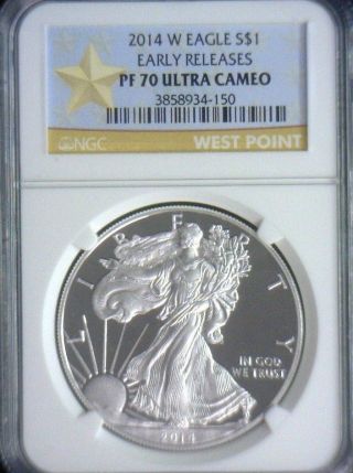 2014 W $1 American Proof Silver Eagle Ngc Pf70 West Point Label Early Release photo