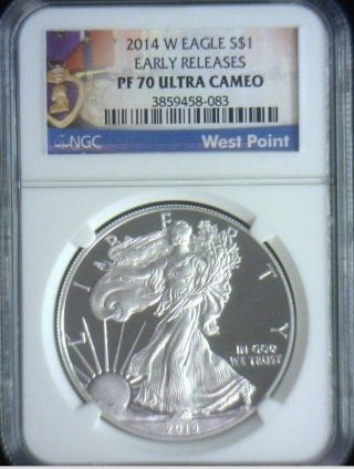 2014 W $1 American Proof Silver Eagle Ngc Pf70 Purple Heart Label Early Release photo