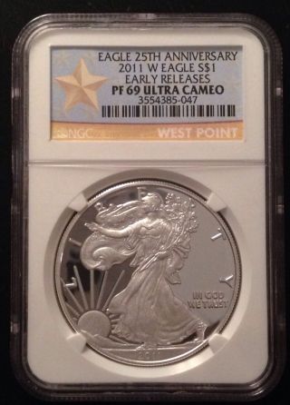 2011 - W Proof Silver Eagle - Ngc Pf69 Ultra Cameo - 25th Anniv.  West Point Label photo