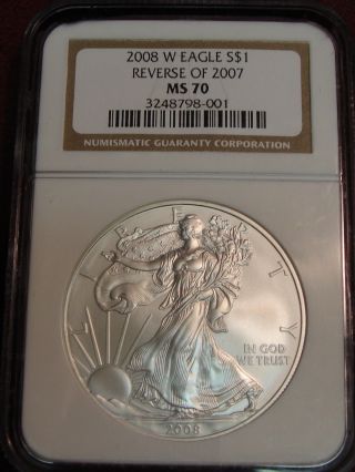 2008 - W Reverse Of 2007 $1 American Silver Eagle 1 Oz Ngc Ms 70 Perfect Tcs photo