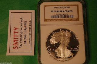 1992 - S Silver American Eagle $1 Dollar Pf69 Ngc Graded Ultra Cameo Proof (plbx) photo