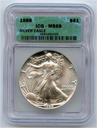 1988 Us $1 Silver Eagle Icg Ms 69 Bright photo