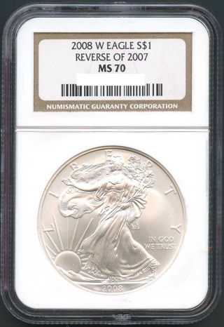 2008 - W $1.  00 Silver Eagle Error With 2007 Reverse Ngc Ms70 photo